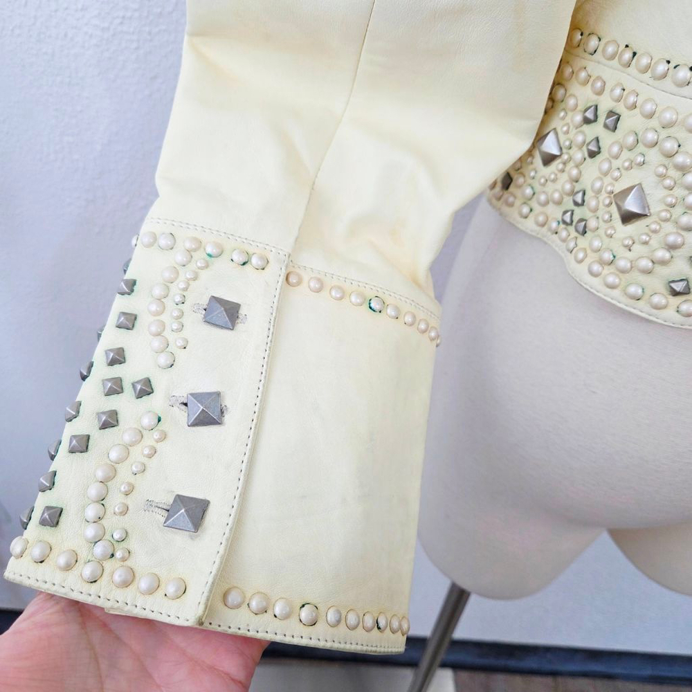 Double D Ranch studded ivory leather biker jacket distressed western size medium - Picture 11 of 13